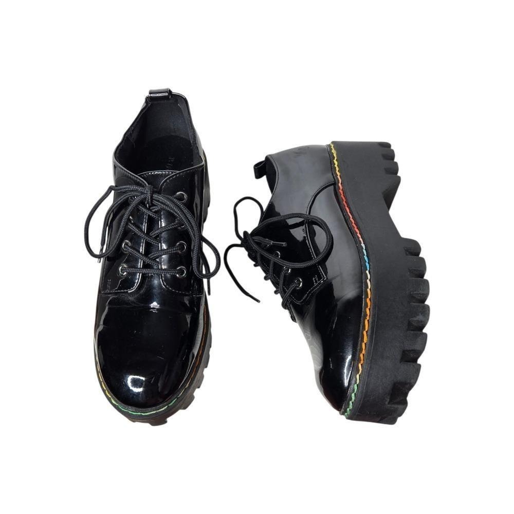 Vintage Y2K Bamboo Platform Oxfords Black Patent Rainbow Stitch 8.5 9 Pride
